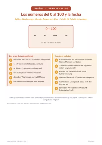 Cover: Spanisch Zahlen 0–100, Wochentage & Datum