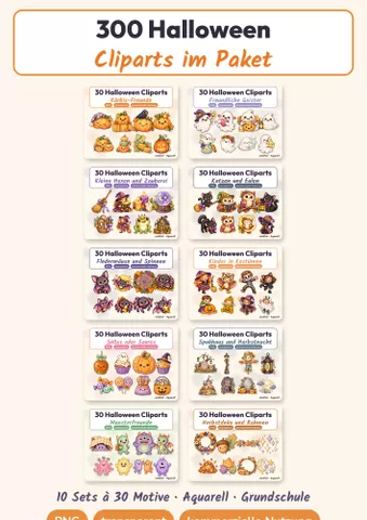 Cover: 300 Halloween-Cliparts im Paket: alle 10 Sets (PNG, Aquarell, transparent)