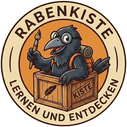 Der Rabe der Rabenkiste mit Pinsel und Holzkiste